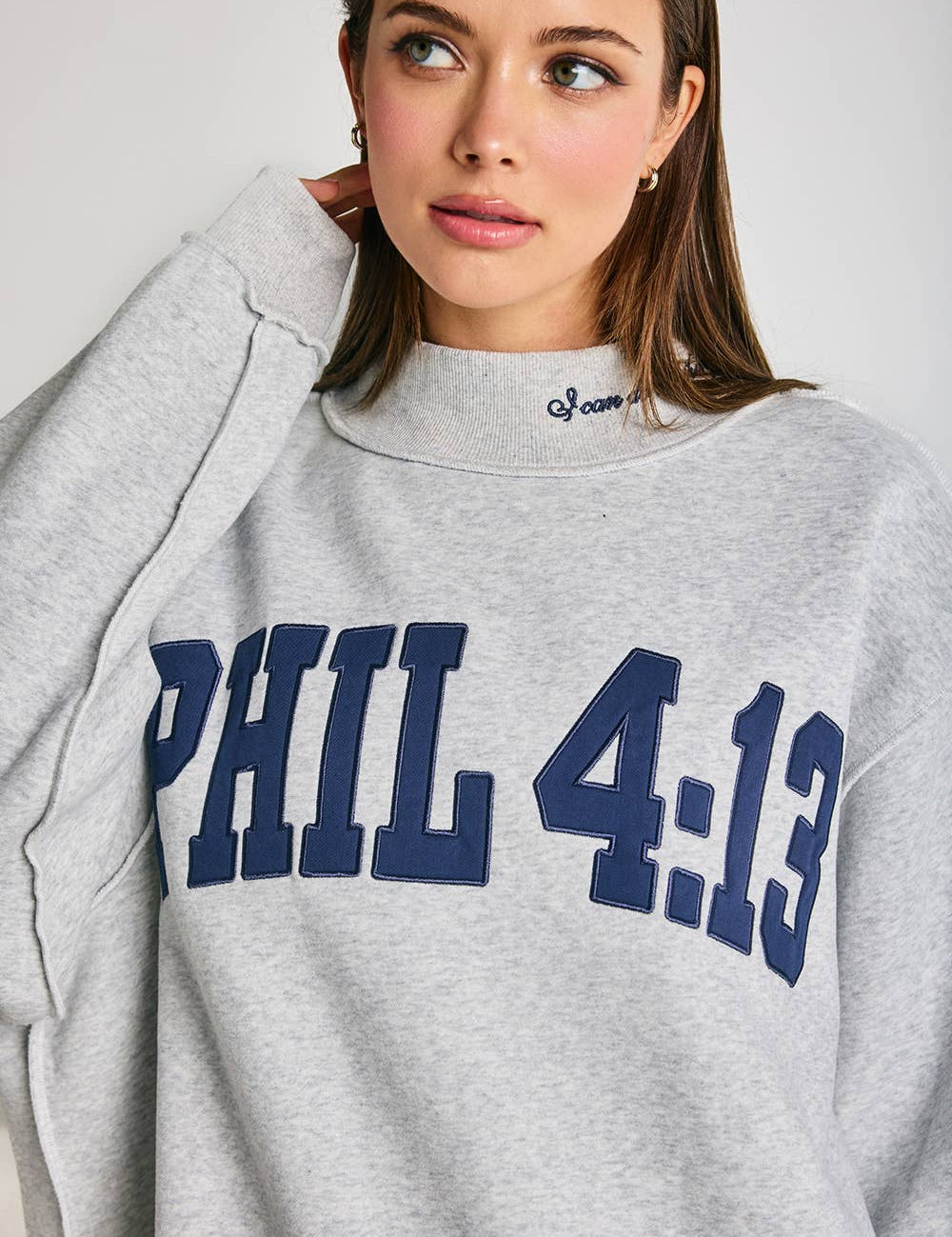 Gray PHIL 4:13 Mockneck — "PHIL 4:13" applique and script embroidery detail