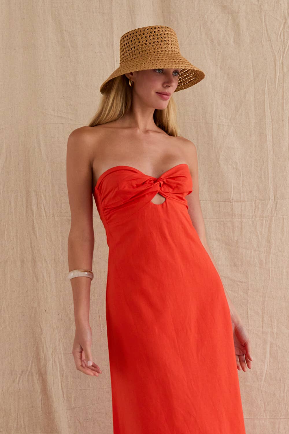 Orange Linen Front Twist Midi Dress