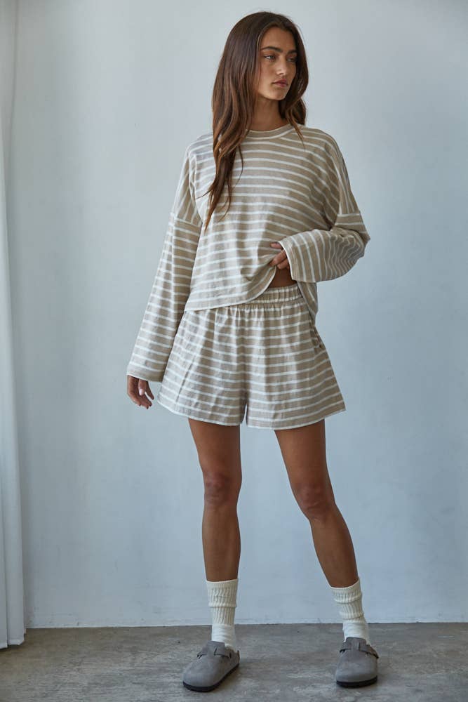Beige & White Striped Mock Neck Long Sleeve