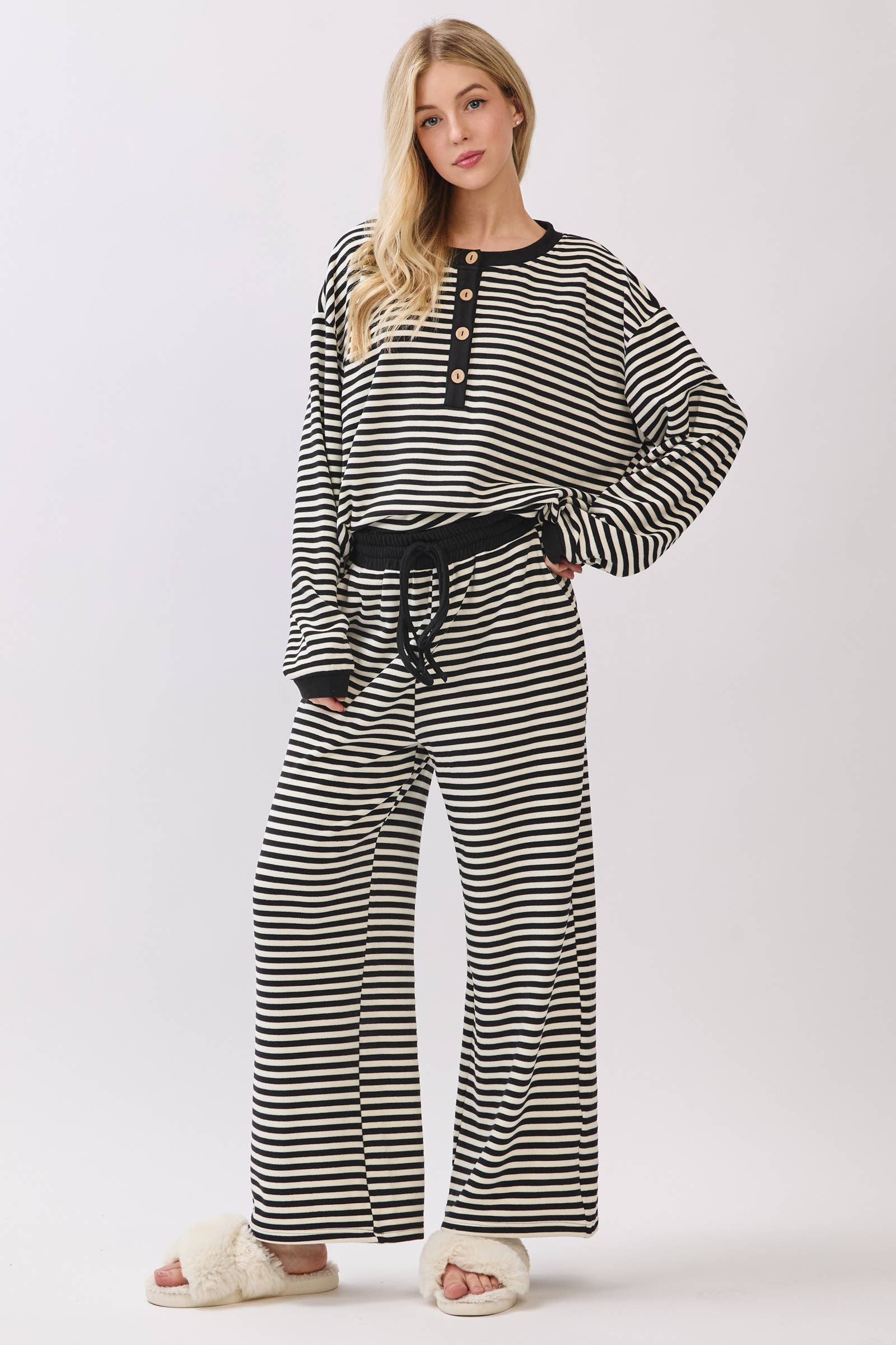 Striped Button Henley Brushed Lounge Set