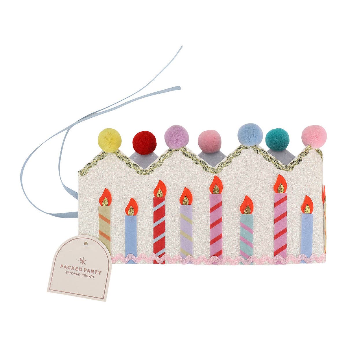 Birthday Wishes Reusable Birthday Crown — glitter felt birthday crown with multicolor pom poms and adjustable satin