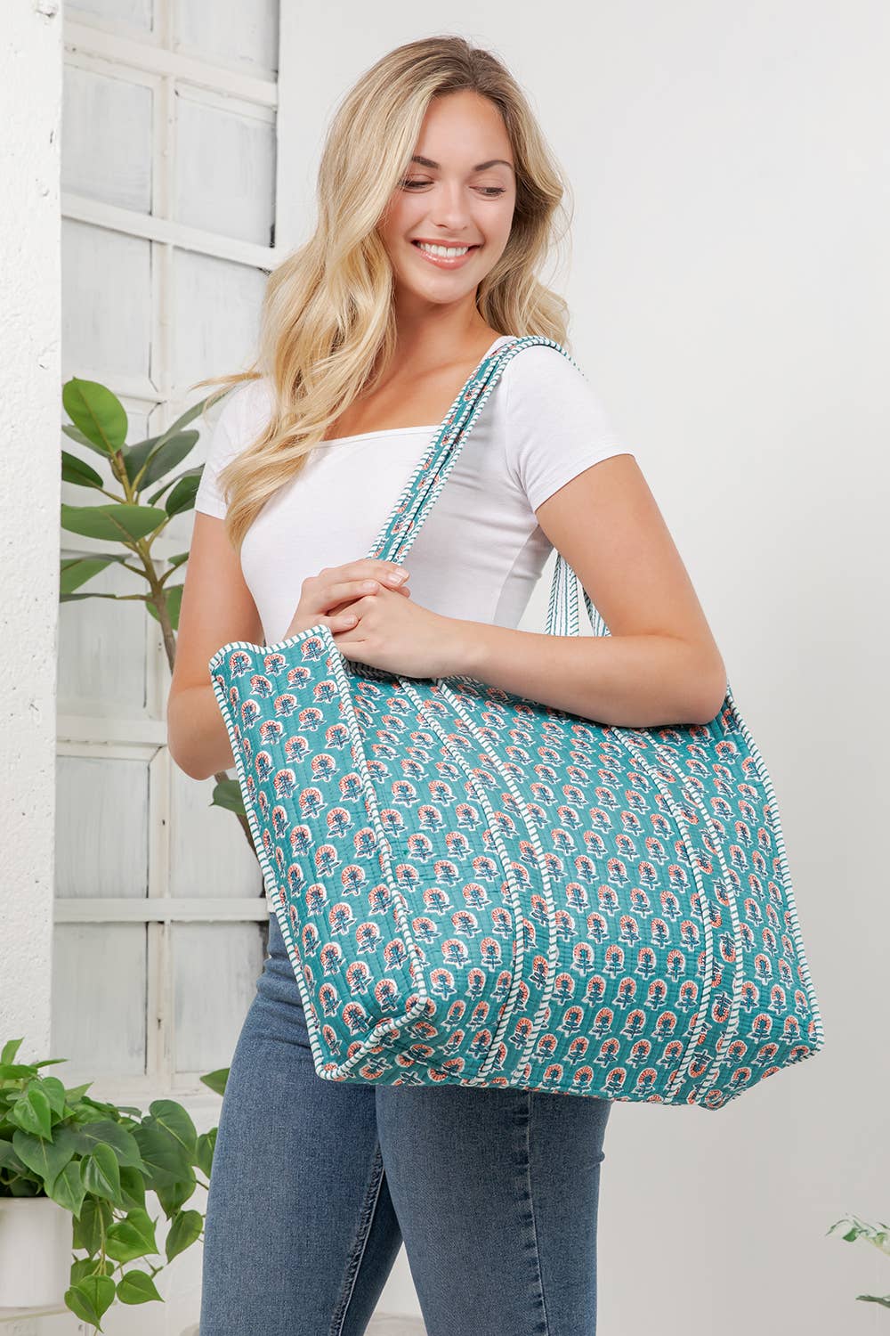 Teal Floral Quilted Cotton Tote Bag