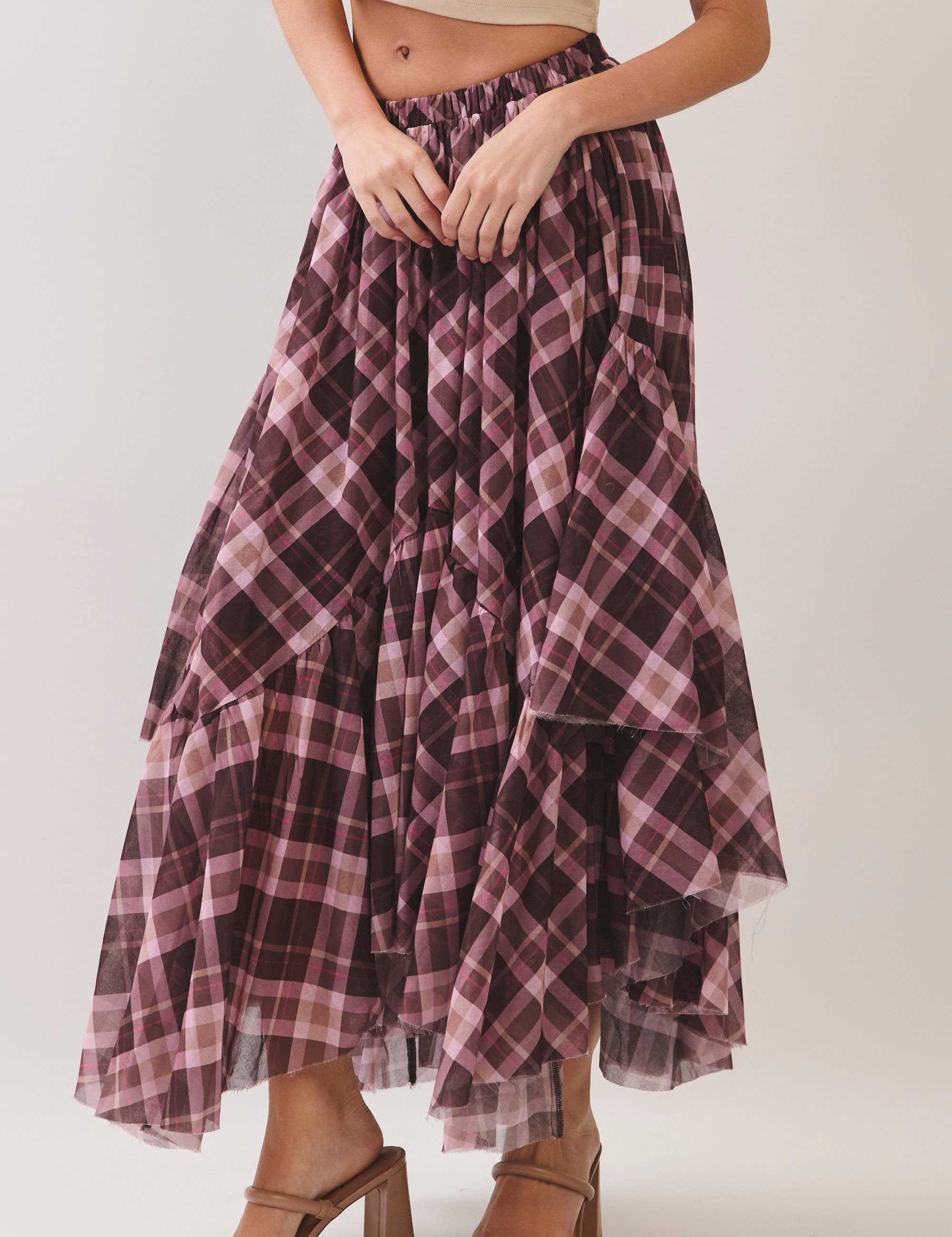 Brown Plaid Asymmetrical Tiered Skirt — brown & pink plaid! and elastic waistband