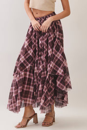 Brown Plaid Asymmetrical Tiered Skirt