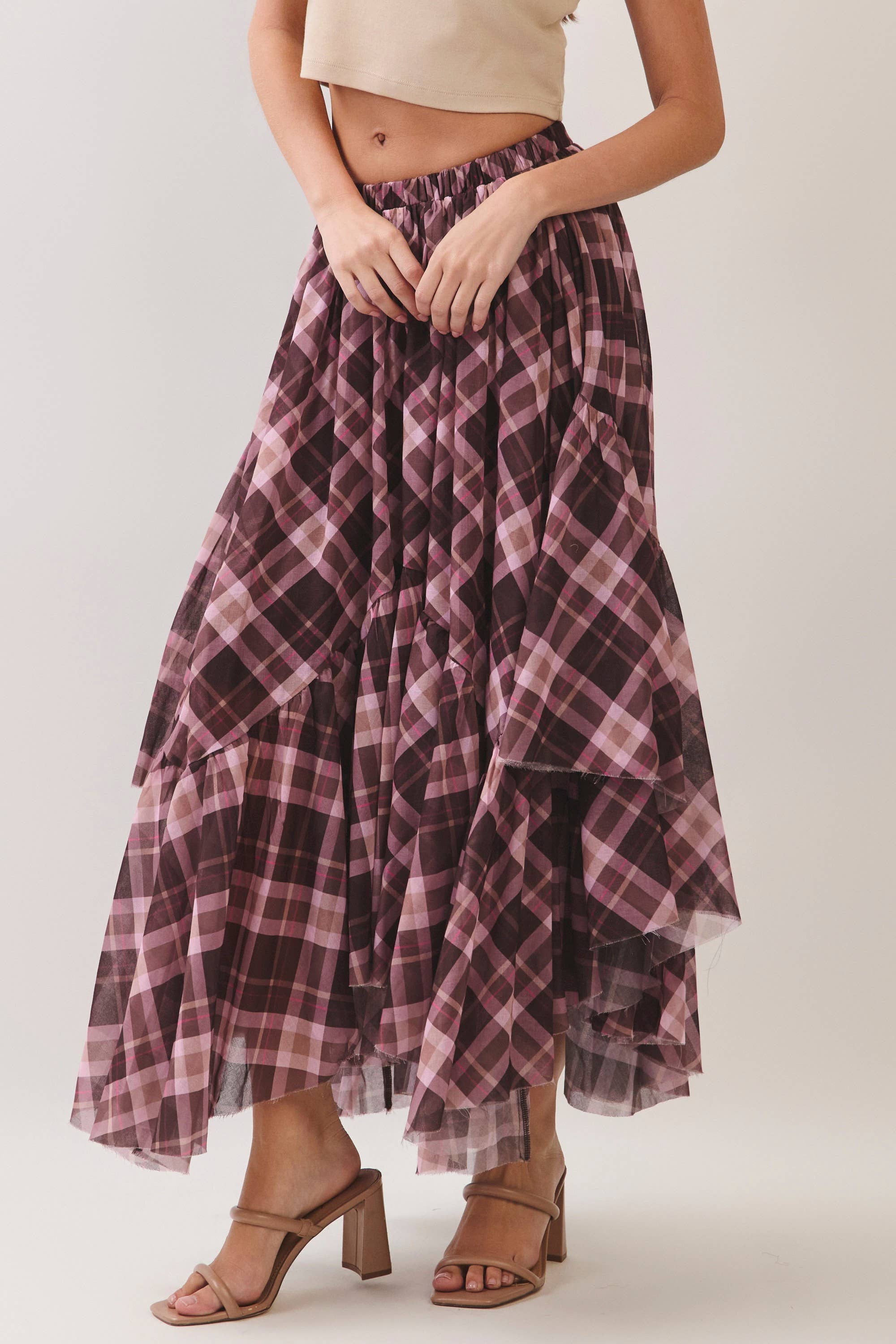 Brown Plaid Asymmetrical Tiered Skirt