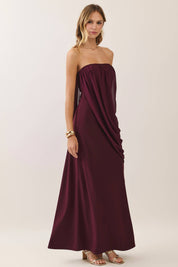 Maroon Strapless Draped Maxi Dress
