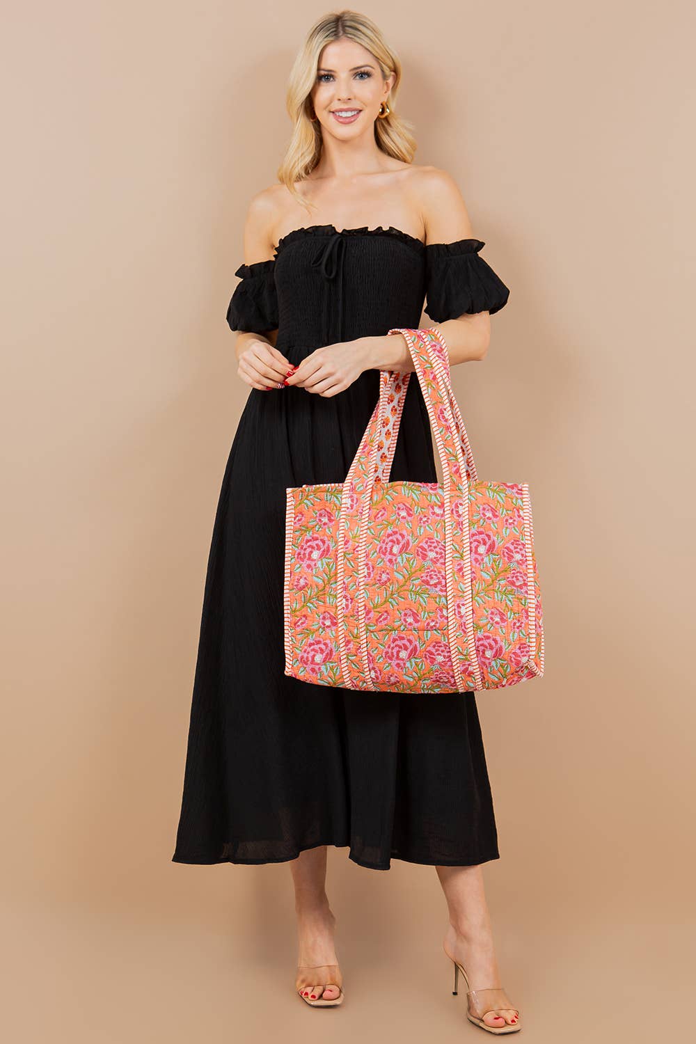 Orange Floral Quilted Tote Bag