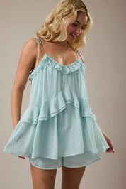 Blue Ruffle Shoulder Tie Romper
