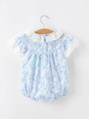 Blue Floral Smocked Matching Set Baby Romper showing delicate blue floral print on soft lightweight fabric