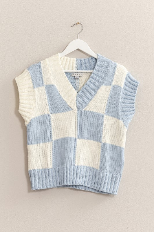 Blue Checkerboard Knit Sweater Vest