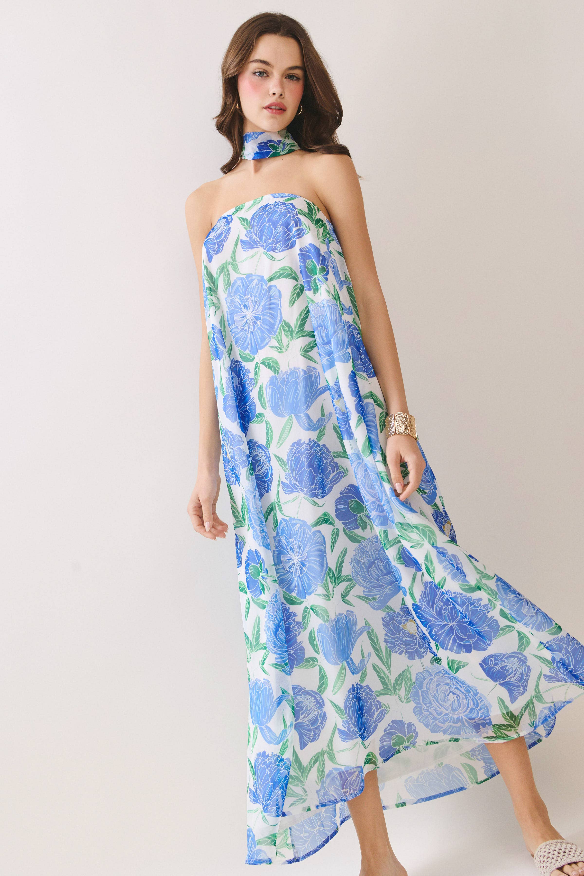Strapless Floral Maxi Dress with Scarf