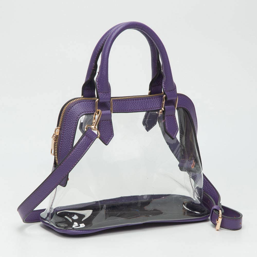 Faux Leather Trim Transparent Structured Top Handle Handbag / Crossbody Bag: Clear, Black