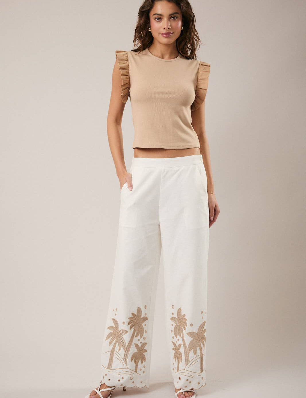 White Palm Tree Embroidered Linen Pants