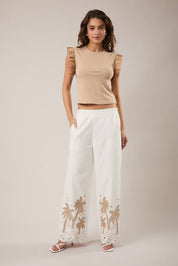 White Palm Tree Embroidered Linen Pants