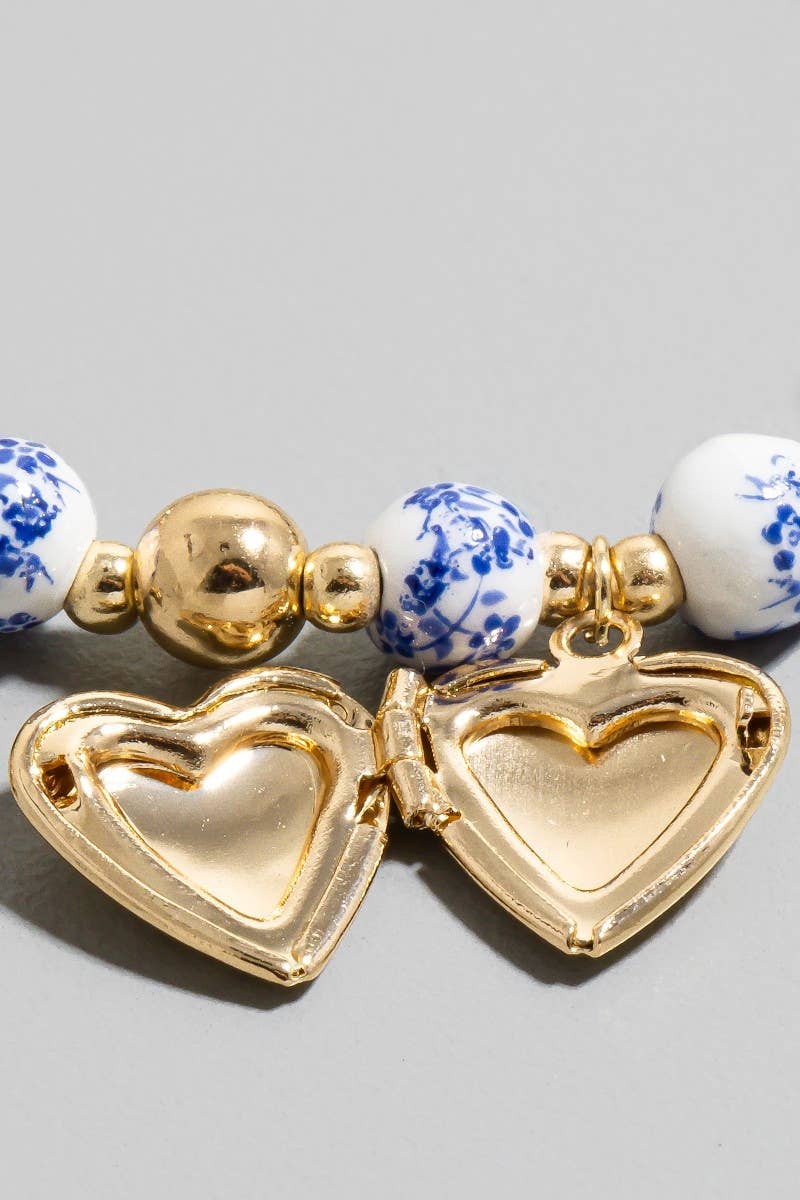 Flower And Heart Locket Charms Floral Ceramic Beaded
