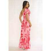 Pink Floral One Shoulder Maxi Dress
