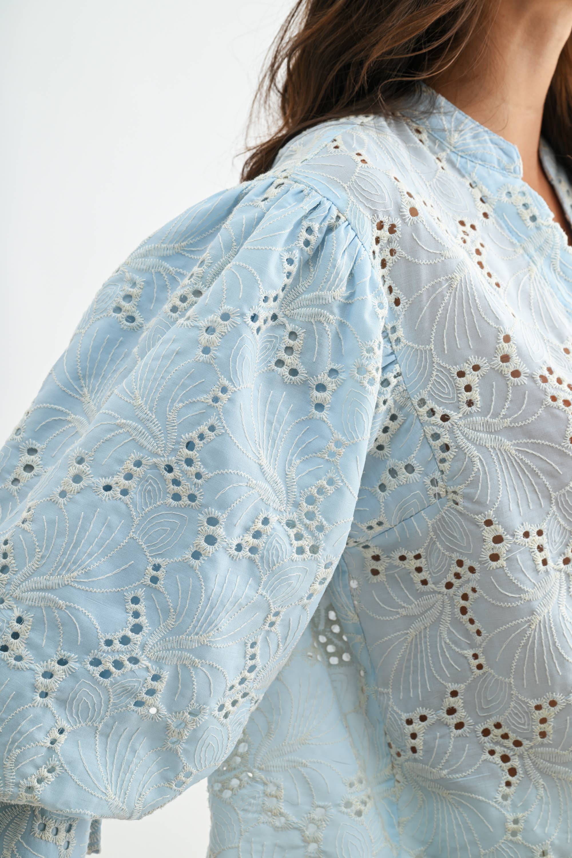 Light Blue Eyelet Puff Sleeve Top