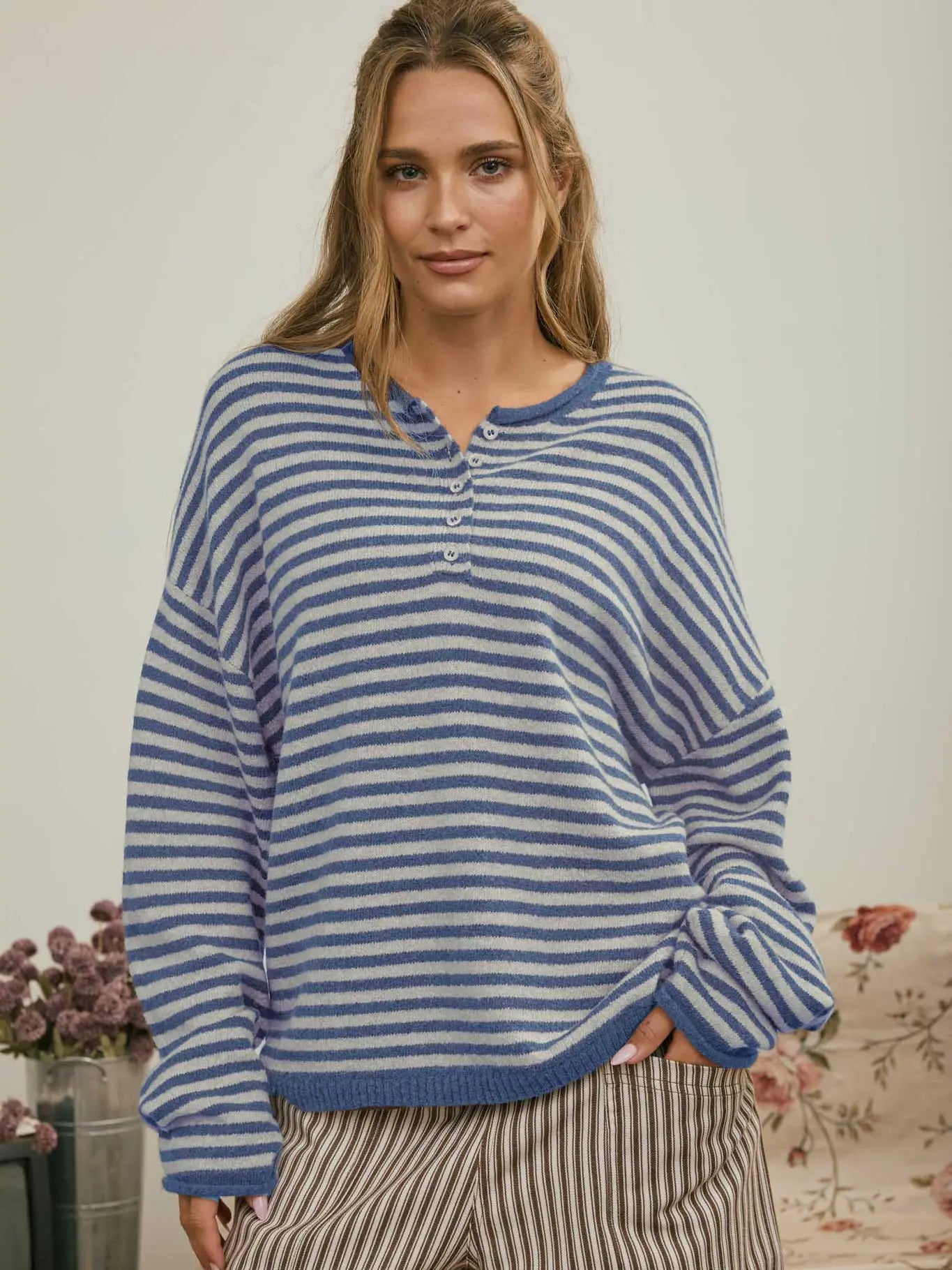 Blue Striped Drop Shoulder Pullover