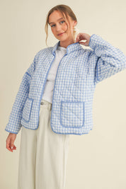 Light Blue Quilted Gingham Jacket showing color: light blue gingham with light blue trim