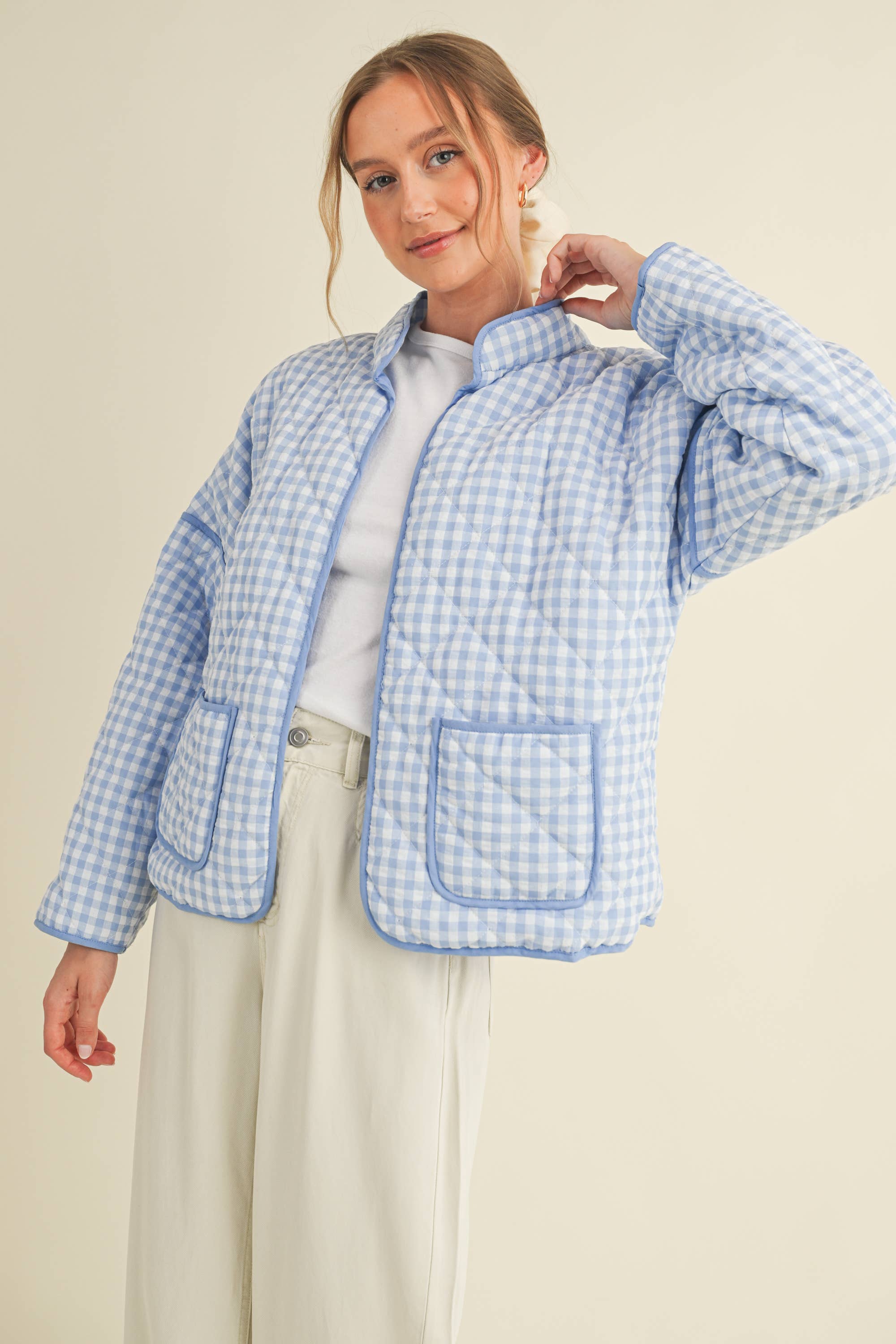 Light Blue Quilted Gingham Jacket showing color: light blue gingham with light blue trim