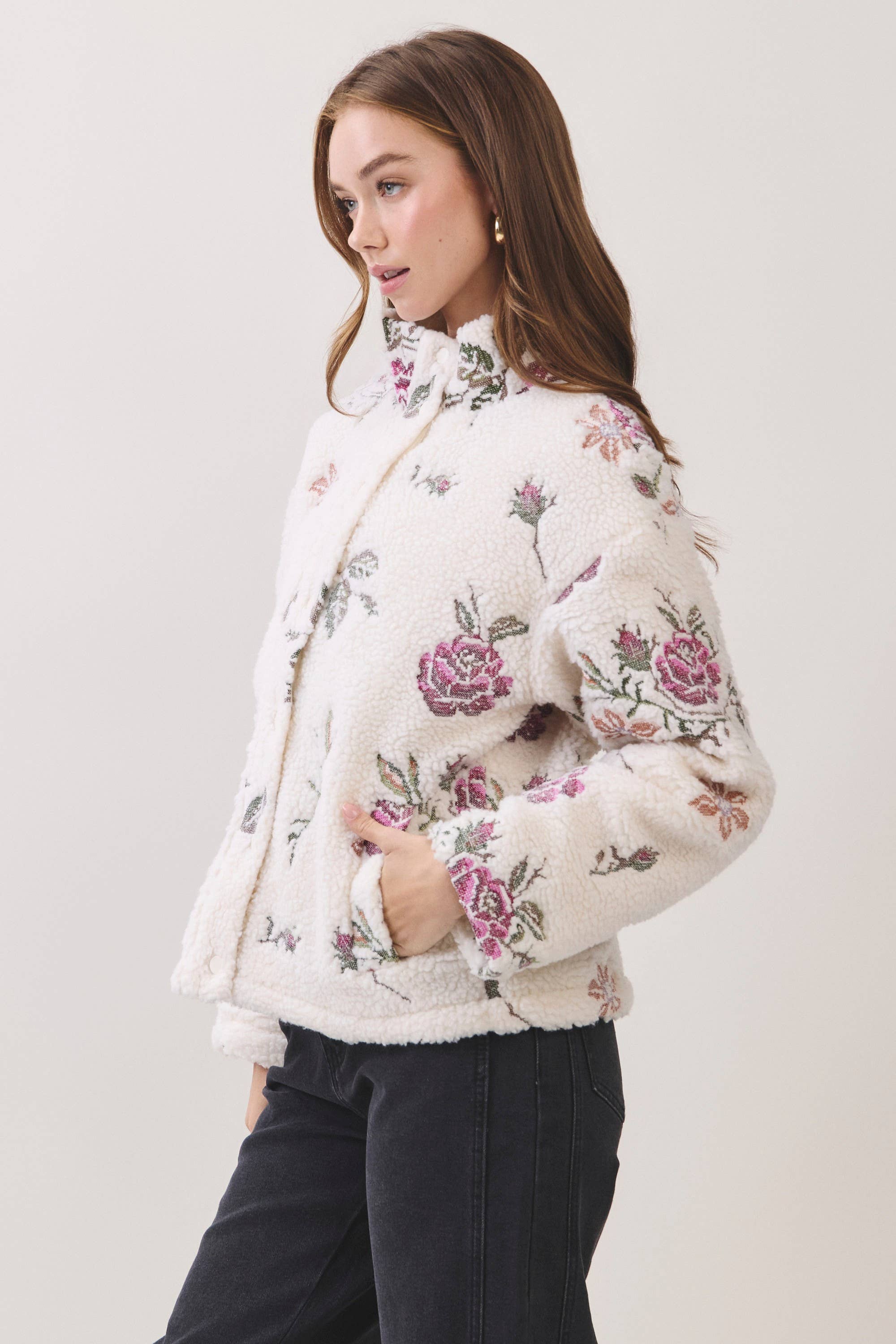 Cream Floral Embroidered Sherpa Jacket showing embroidered floral detailing throughout, front and back