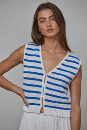 Blue & White Striped Button Up Vest Top
