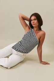 Navy One Shoulder Stripe Top