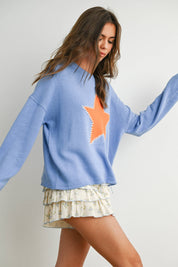 Blue Drop Shoulder Star Pattern Sweater