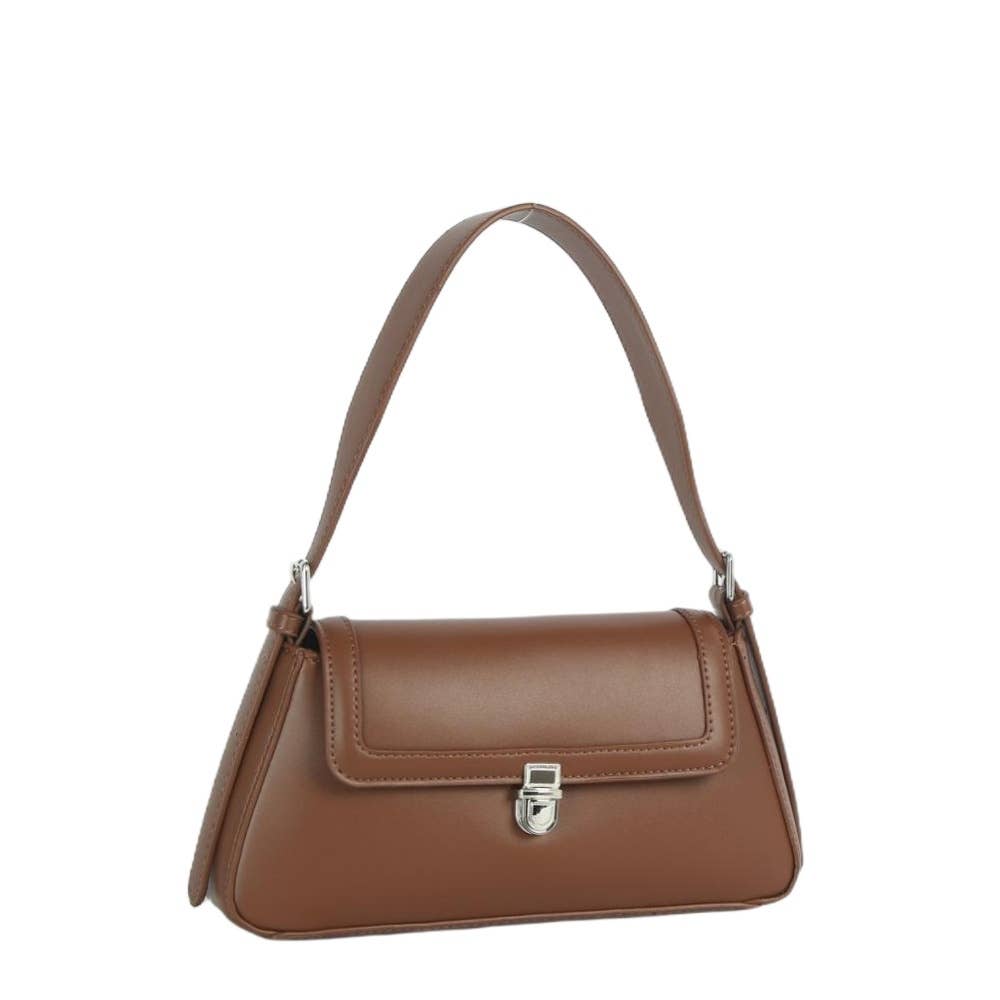 Vegan Leather Push Lock Flap Shoulder Baguette Bag