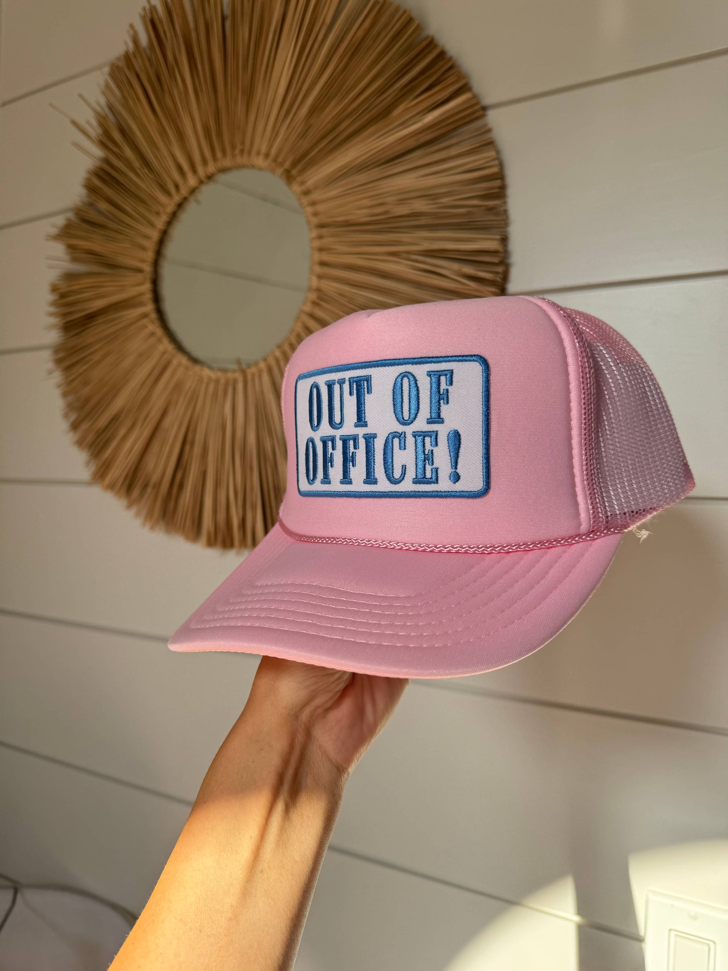 OUT OF OFFICE Patch Trucker Hat | Light Pink