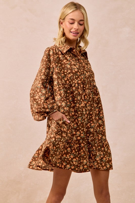 Brown Floral Print Corduroy Dress