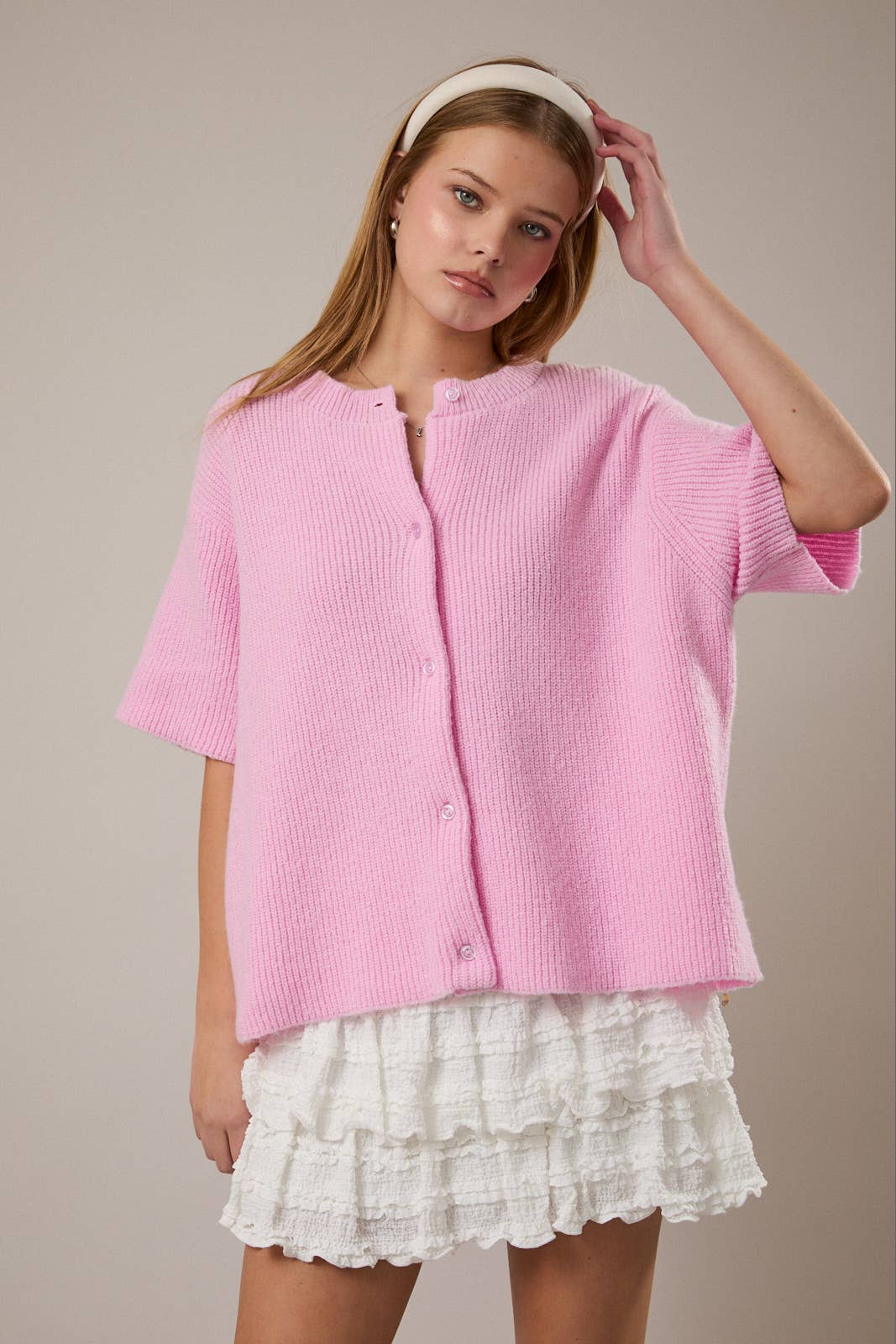 Pink Shortsleeve Ribbed Sweater Cardigan