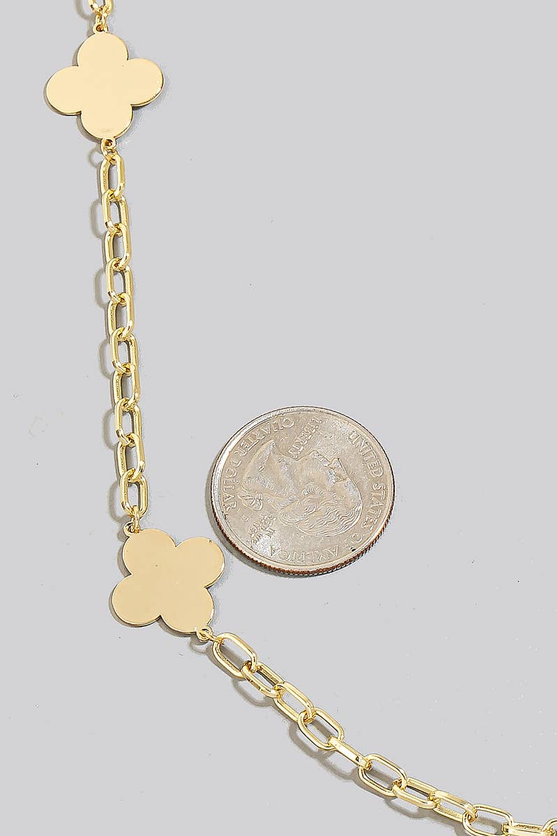 Flat Metallic Clover Station Charms Long Chain Necklace