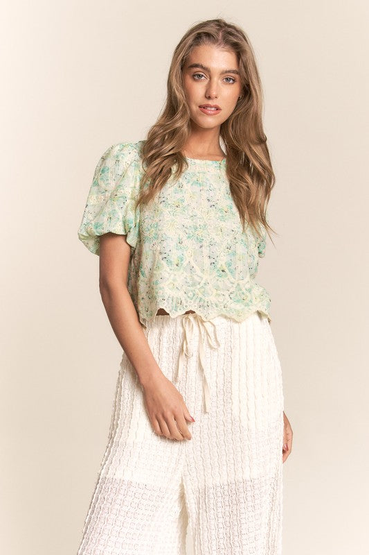 Green Embroidered Floral Puff Sleeve Top