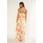 Orange Floral Halter Tiered Maxi Dress