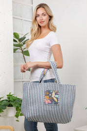 Gray Floral Handmade Reversible Tote Bag