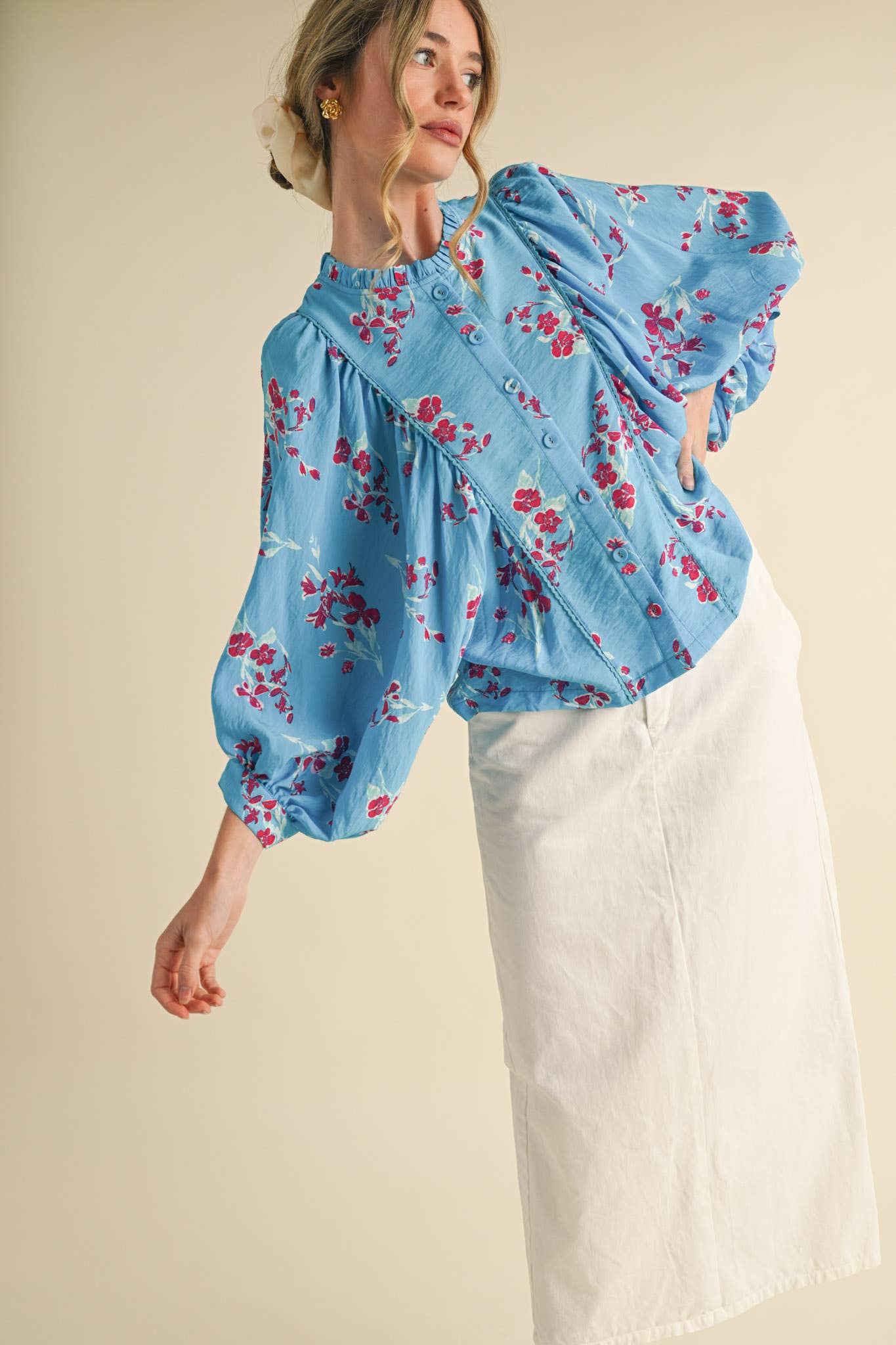 Blue Floral Dolman Sleeve Blouse