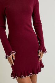 Burgundy Boat Neck Ruffle Hem Sweater Dress