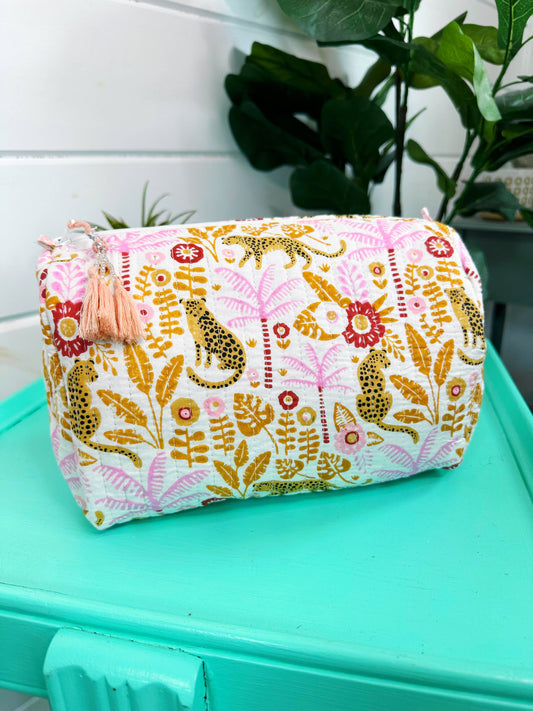 Pink Palm Jaguars Quilted Makeup Bag