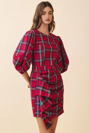 Plaid Puff Sleeve Ruffle Dress