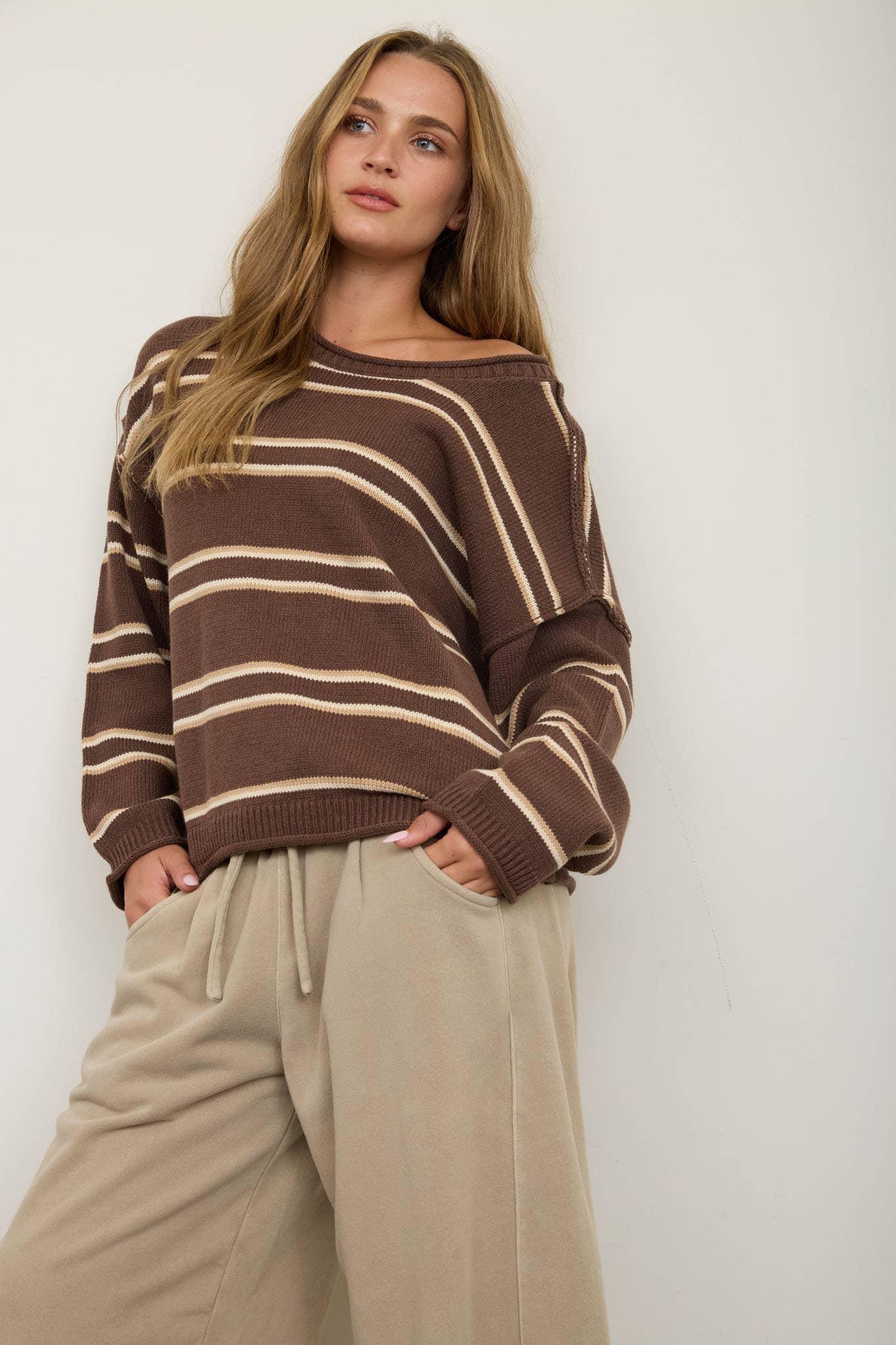 Brown Striped Pullover showing long sleeves
