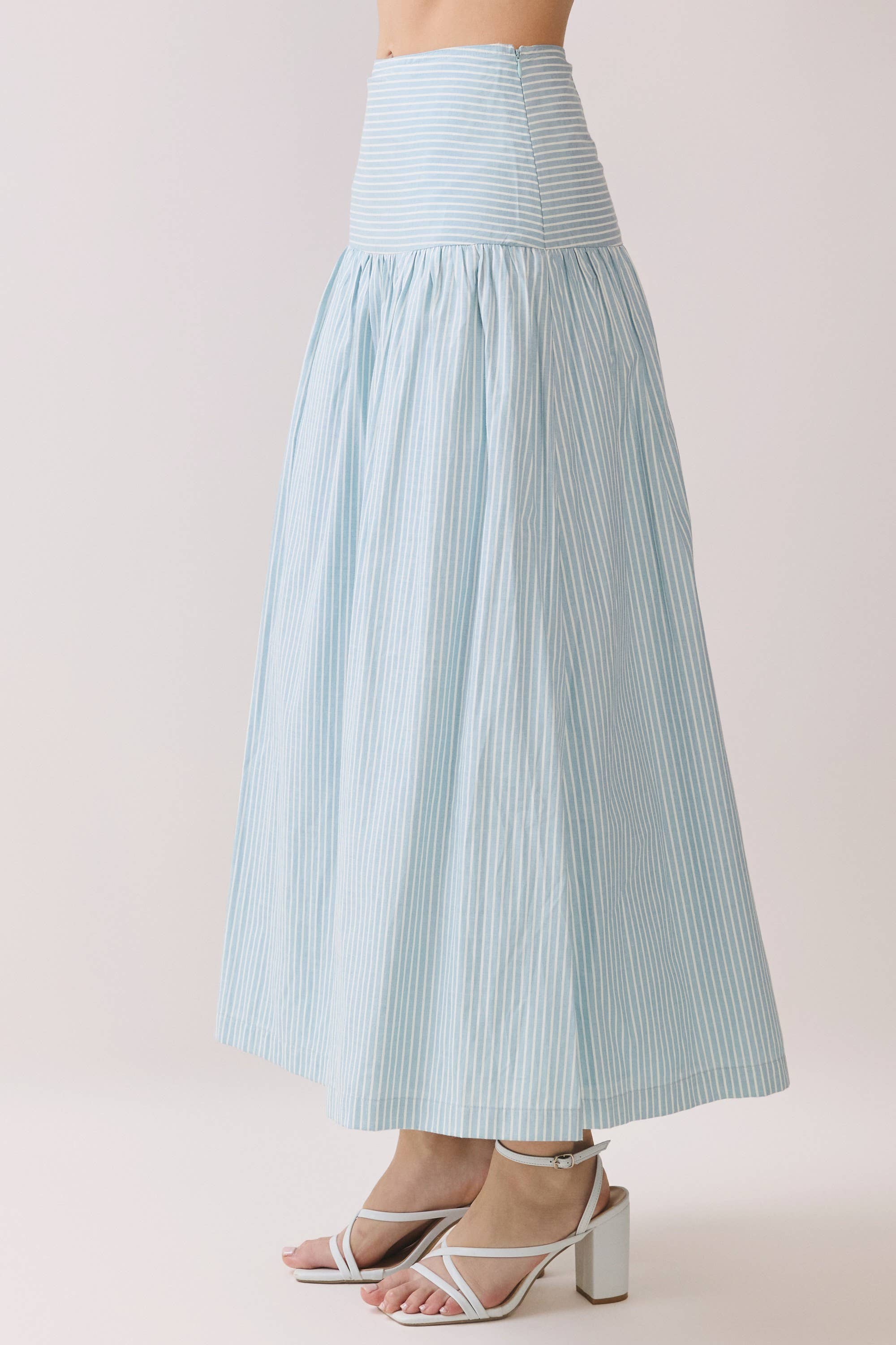 Blue Striped Drop Waist Midi Skirt