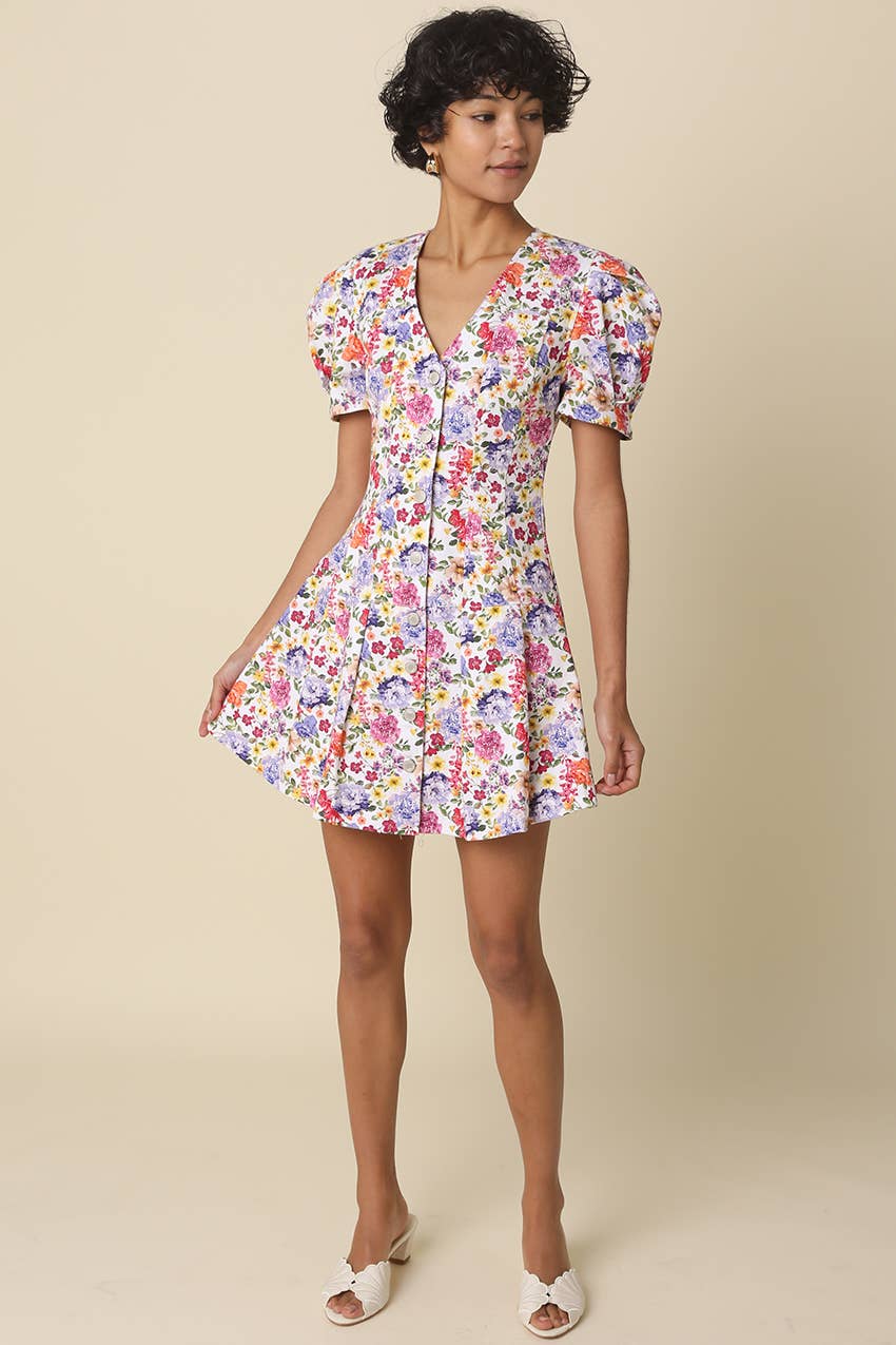 White Floral Puff-Sleeve Dress