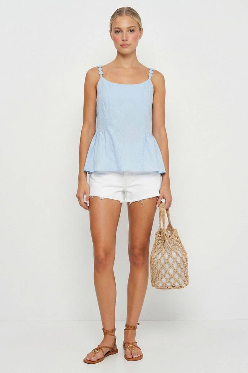 Blue Button Detail Ruffle Tank Top