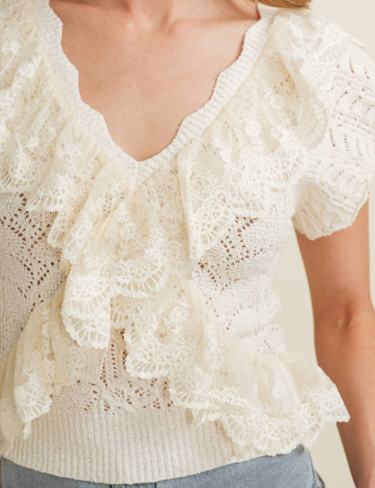 Cream Ruffle Knit Lace Top showing color: cream
