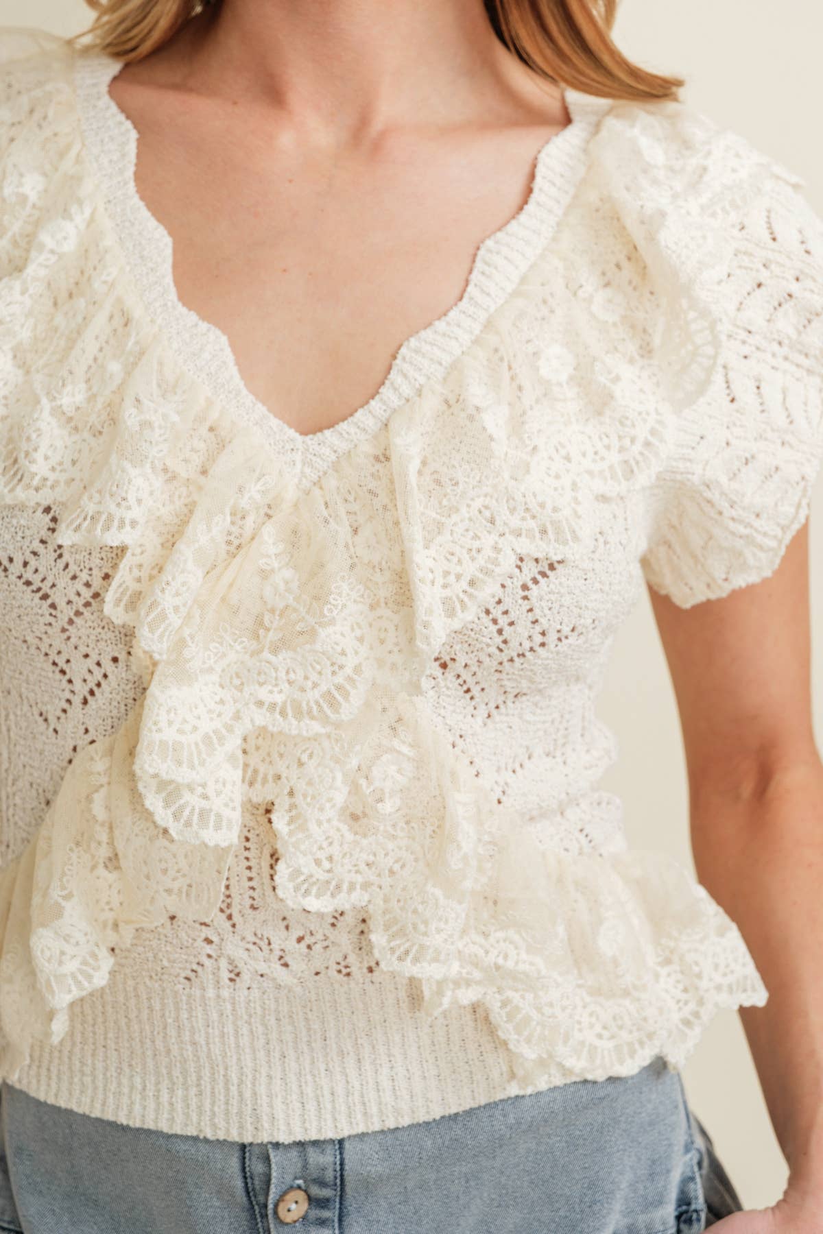 Cream Ruffle Knit Lace Top showing color: cream