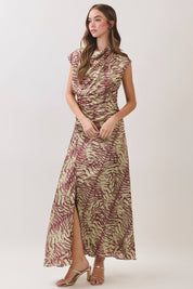 Printed Front Slit Draped Maxi Dress showing cap sleeves