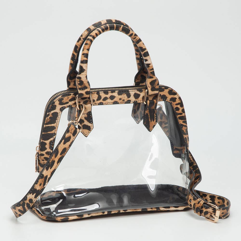Faux Leather Trim Transparent Structured Top Handle Handbag / Crossbody Bag: Clear, Black