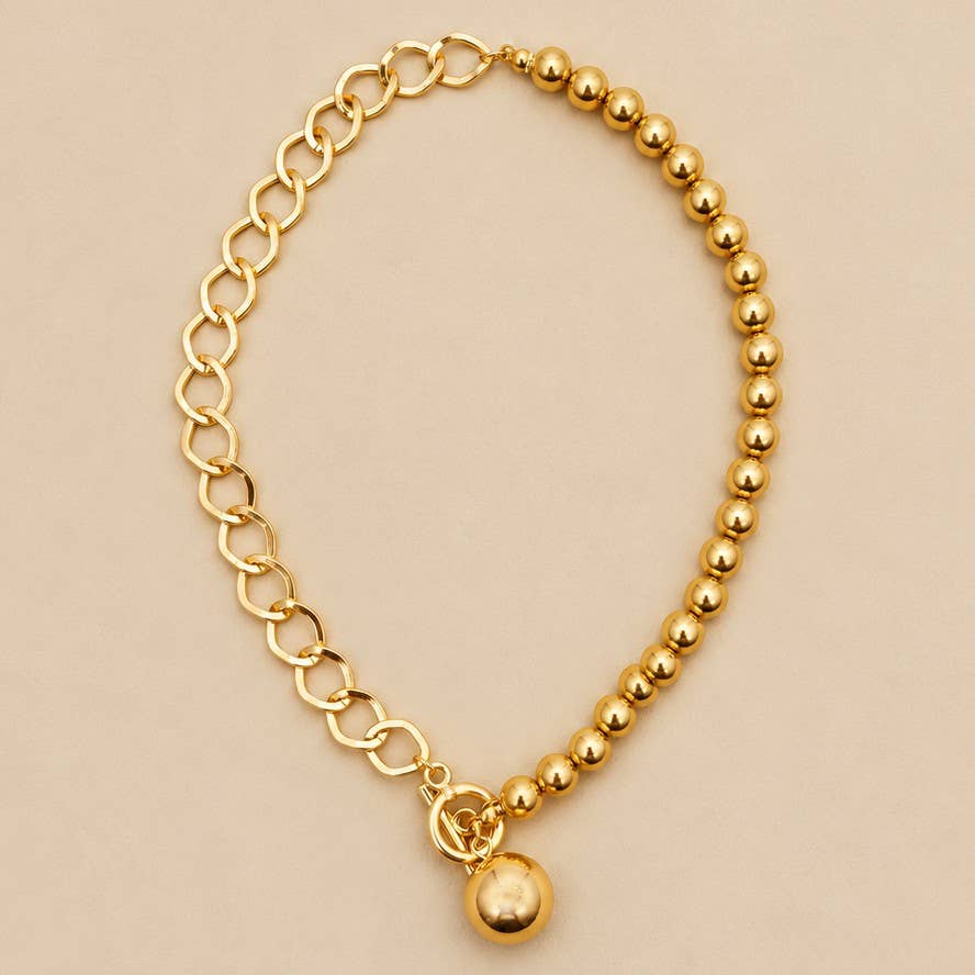 Gold Mixed Link Ball Pendant Necklace