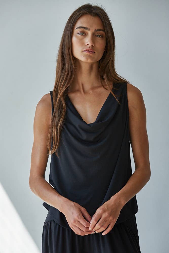 Black Sleeveless Cowl Neck Top